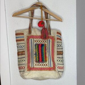Chloe & Lex Embroidered Boho Canvas Tote Bag Cotton Folk Stitch Pom Pom Tassel